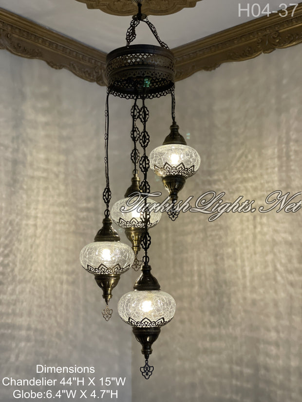 4 (L) BALL TURKISH WATER DROP MOSAIC CHANDELIER WİTH LARGE GLOBES H04-37