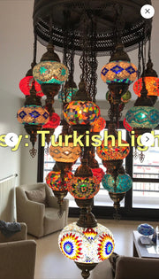 Turkish Mosaic Chandelier With 20 Medium Globes and 1 XL large Globe - TurkishLights.NET