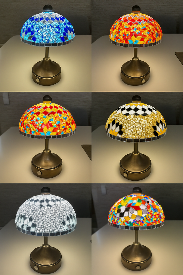 Handmade Turkish Mosaic Mushroom Table  Lamp – Rechargeable, Cordless