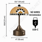Handmade Turkish Mosaic Mushroom Table  Lamp – Rechargeable, Cordless - Brown/Amber