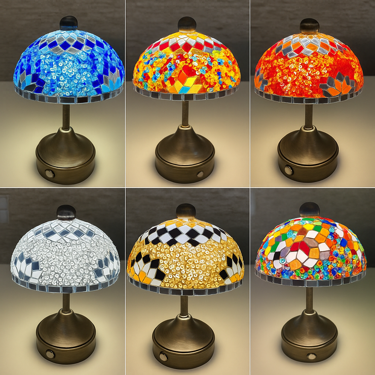 Handmade Turkish Mosaic Mushroom Table  Lamp – Rechargeable, Cordless