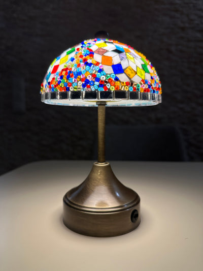 Handmade Turkish Mosaic Mushroom Table  Lamp – Rechargeable, Cordless - Multi
