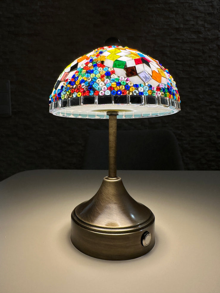 Handmade Turkish Mosaic Mushroom Table  Lamp – Rechargeable, Cordless - Multi