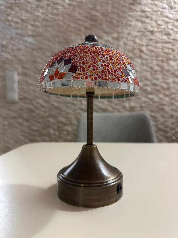 Handmade Turkish Mosaic Mushroom Table  Lamp – Rechargeable, Cordless - Red