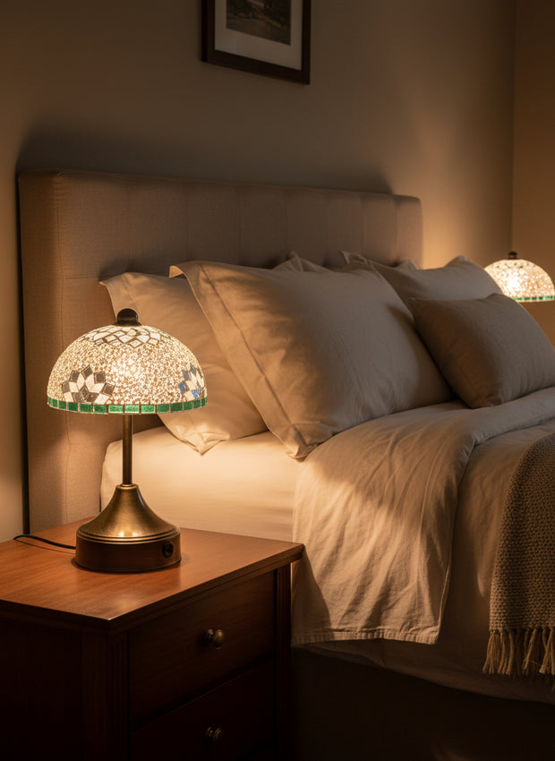 Handmade Turkish Mosaic Mushroom Table  Lamp – Rechargeable, Cordless