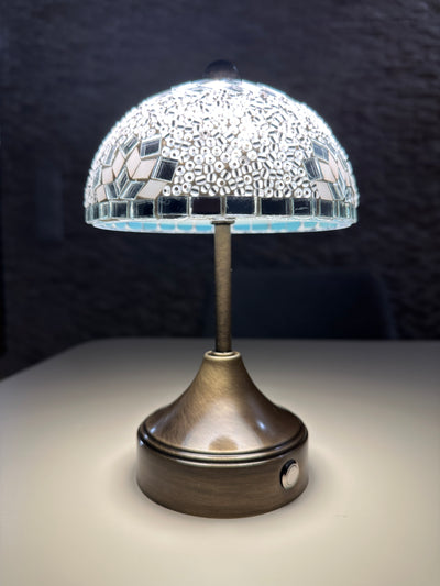Handmade Turkish Mosaic Mushroom Table  Lamp – Rechargeable, Cordless - White