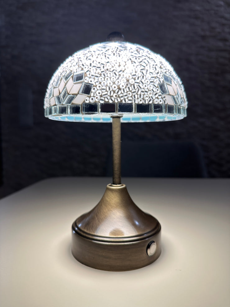 Handmade Turkish Mosaic Mushroom Table  Lamp – Rechargeable, Cordless - White