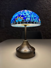 Handmade Turkish Mosaic Mushroom Table  Lamp – Rechargeable, Cordless - Blue