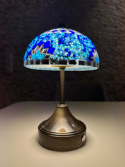 Handmade Turkish Mosaic Mushroom Table  Lamp – Rechargeable, Cordless - Blue