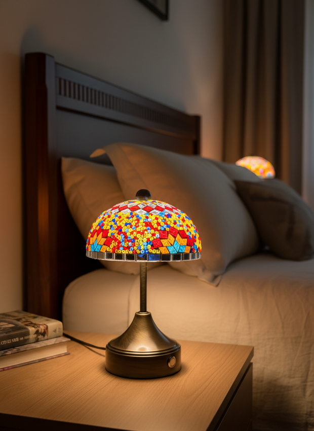 Handmade Turkish Mosaic Mushroom Table  Lamp – Rechargeable, Cordless