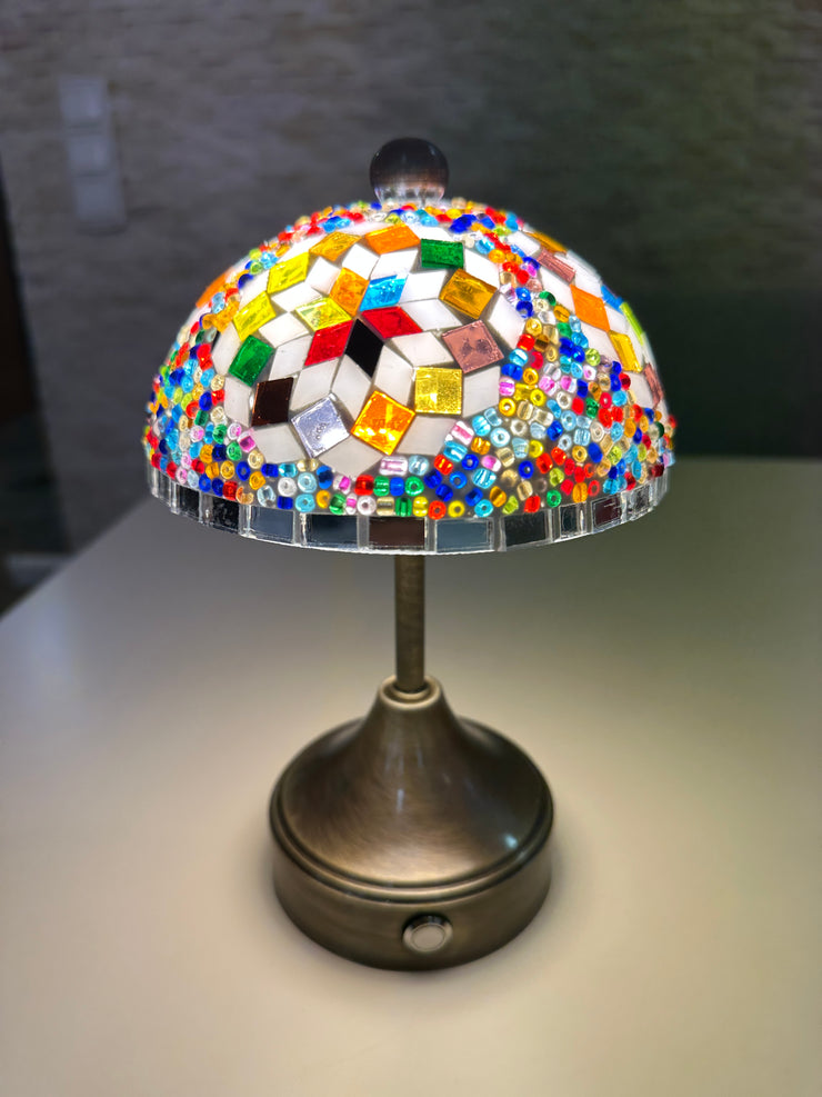 Handmade Turkish Mosaic Mushroom Table  Lamp – Rechargeable, Cordless - Multi