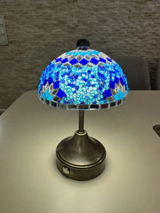 Handmade Turkish Mosaic Mushroom Table  Lamp – Rechargeable, Cordless - Blue