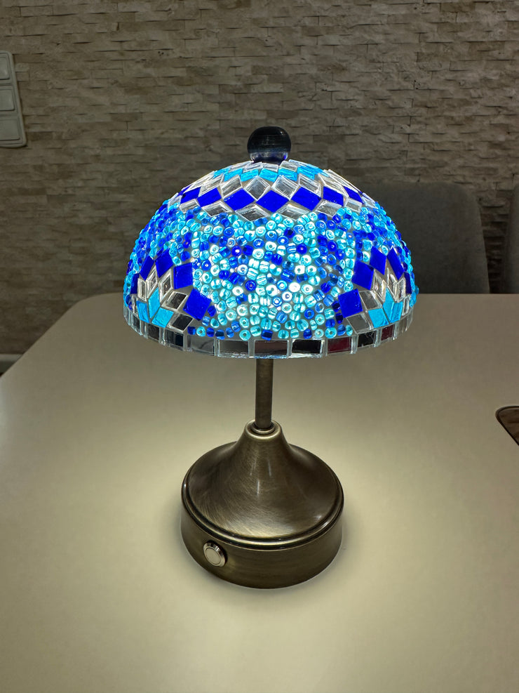 Handmade Turkish Mosaic Mushroom Table  Lamp – Rechargeable, Cordless - Blue