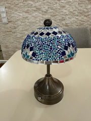 Handmade Turkish Mosaic Mushroom Table  Lamp – Rechargeable, Cordless - Blue