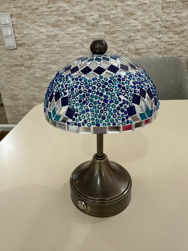 Handmade Turkish Mosaic Mushroom Table  Lamp – Rechargeable, Cordless - Blue