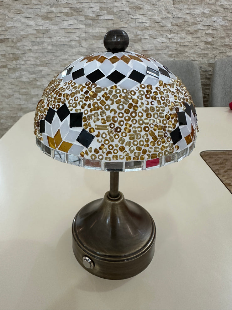 Handmade Turkish Mosaic Mushroom Table  Lamp – Rechargeable, Cordless - Brown/Amber