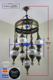 9-BALL TURKISH SULTAN MOSAIC CHANDELIER WITH NO2 (MEDIUM) GLOBES - TurkishLights.NET