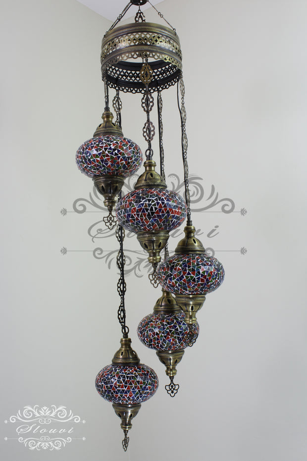 5 BALL TURKISH MOSAIC CHANDELIER, WITH LARGE GLOBES - TurkishLights.NET