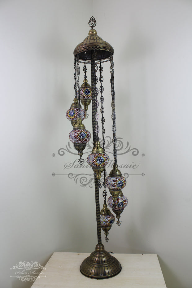 7 BALL TURKISH MOSAIC FLOOR LAMP, LAMBADER, MEDIUM GLOBES - TurkishLights.NET