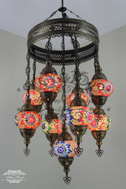 9-BALL TURKISH SULTAN MOSAIC CHANDELIER WITH NO2 (MEDIUM) GLOBES - TurkishLights.NET