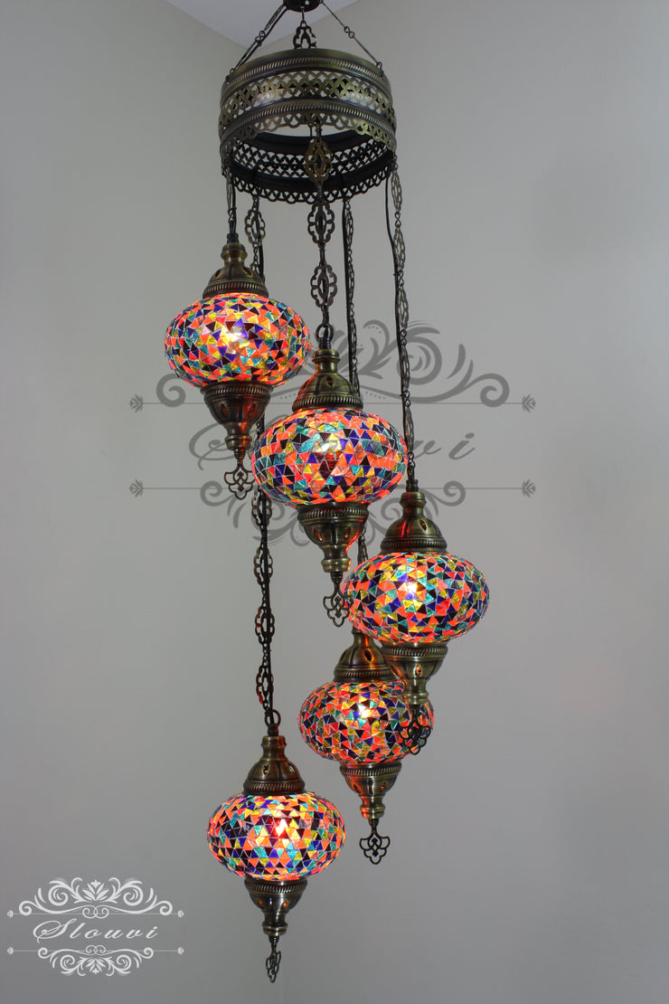 5 BALL TURKISH MOSAIC CHANDELIER, WITH LARGE GLOBES - TurkishLights.NET