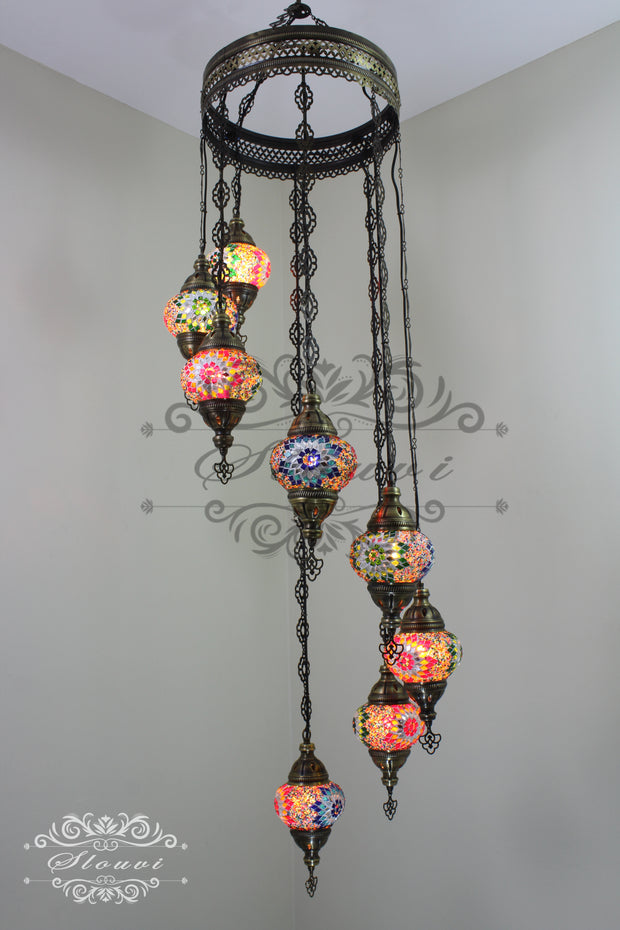 TURKISH MOSAIC LAMP, Water Drop Style CHANDELIER IN 8 GLOBES - TurkishLights.NET