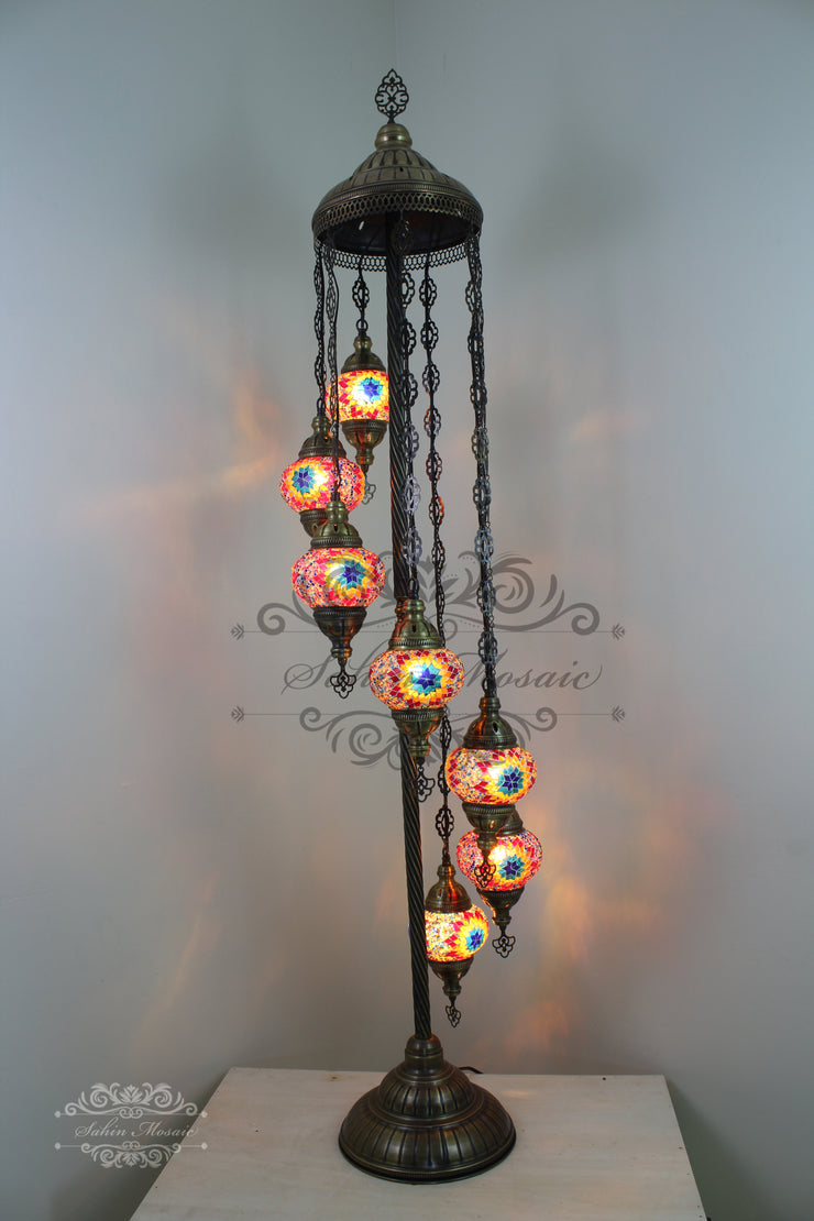 7 BALL TURKISH MOSAIC FLOOR LAMP, LAMBADER, MEDIUM GLOBES - TurkishLights.NET