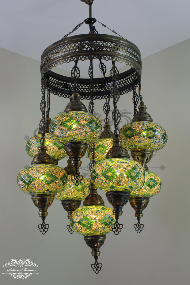 9-BALL TURKISH SULTAN MOSAIC CHANDELIER WITH NO3 (LARGE) GLOBES - TurkishLights.NET