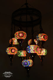 9-BALL TURKISH SULTAN MOSAIC CHANDELIER WITH NO2 (MEDIUM) GLOBES - TurkishLights.NET