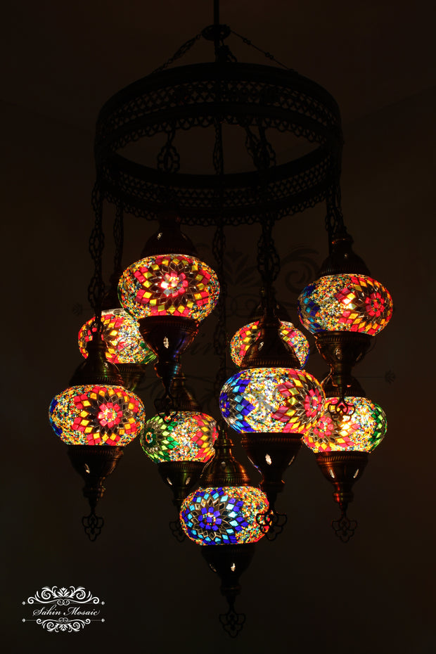 9-BALL TURKISH SULTAN MOSAIC CHANDELIER WITH NO2 (MEDIUM) GLOBES - TurkishLights.NET