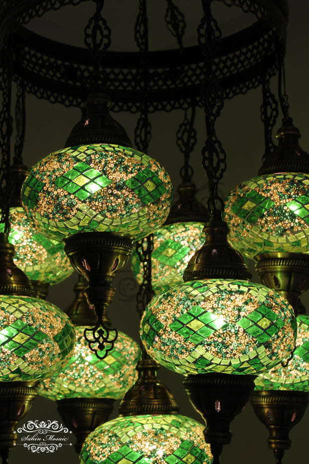 9-BALL TURKISH SULTAN MOSAIC CHANDELIER WITH NO3 (LARGE) GLOBES - TurkishLights.NET