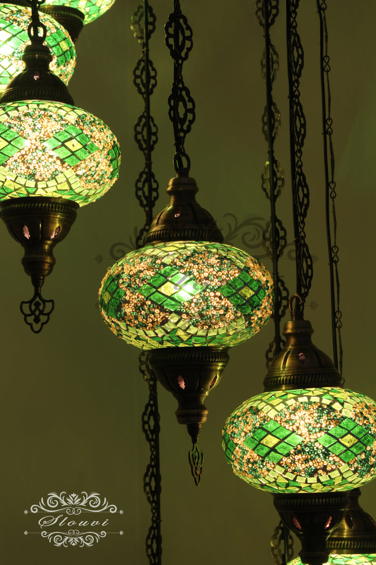 TURKISH MOSAIC LAMP, Water Drop Style CHANDELIER IN 8 LARGE GLOBES - TurkishLights.NET