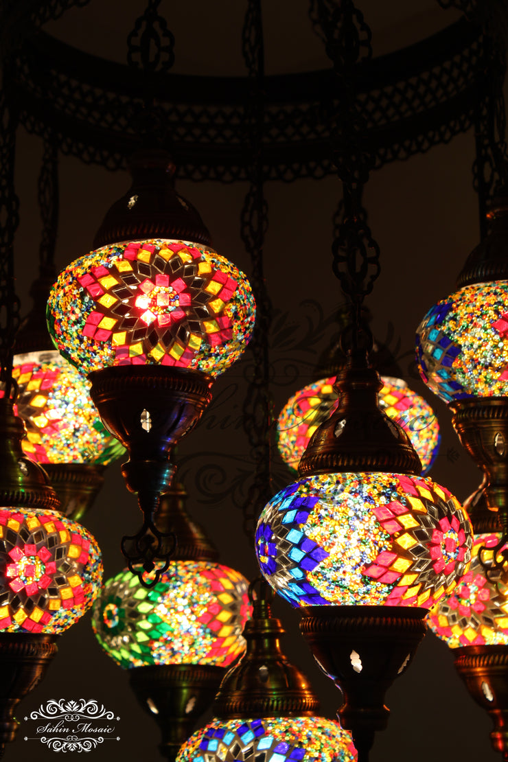 9-BALL TURKISH SULTAN MOSAIC CHANDELIER WITH NO2 (MEDIUM) GLOBES - TurkishLights.NET