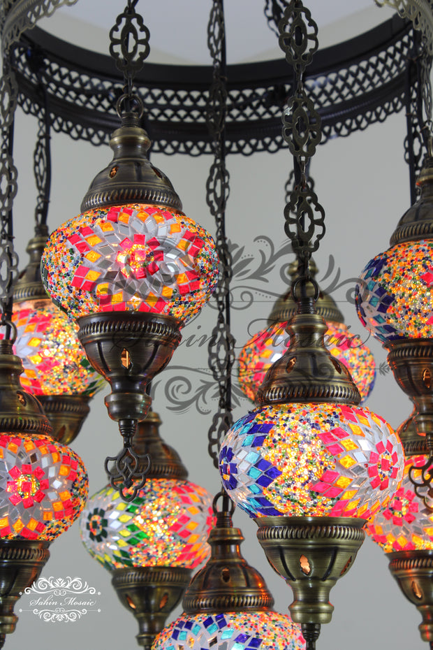 9-BALL TURKISH SULTAN MOSAIC CHANDELIER WITH NO2 (MEDIUM) GLOBES - TurkishLights.NET