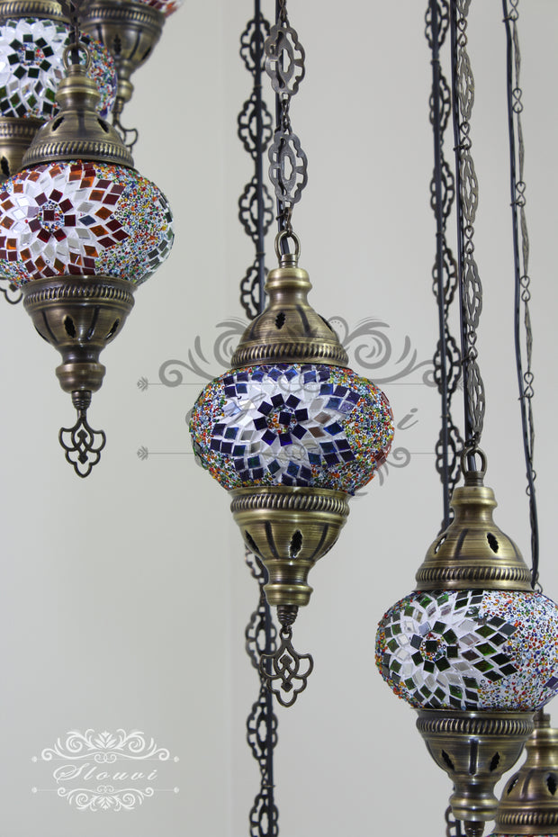 TURKISH MOSAIC LAMP, Water Drop Style CHANDELIER IN 8 GLOBES - TurkishLights.NET