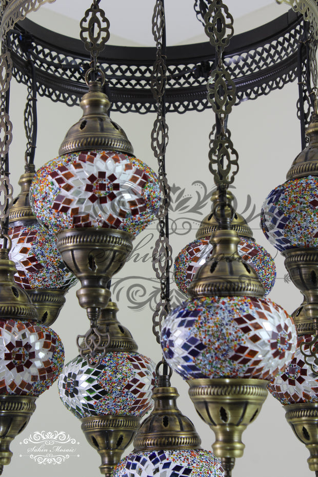 9-BALL TURKISH SULTAN MOSAIC CHANDELIER WITH NO2 (MEDIUM) GLOBES - TurkishLights.NET