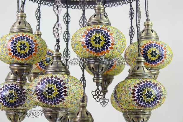 11-BALL TURKISH SULTAN MOSAIC CHANDELIER, LARGE GLOBES - TurkishLights.NET