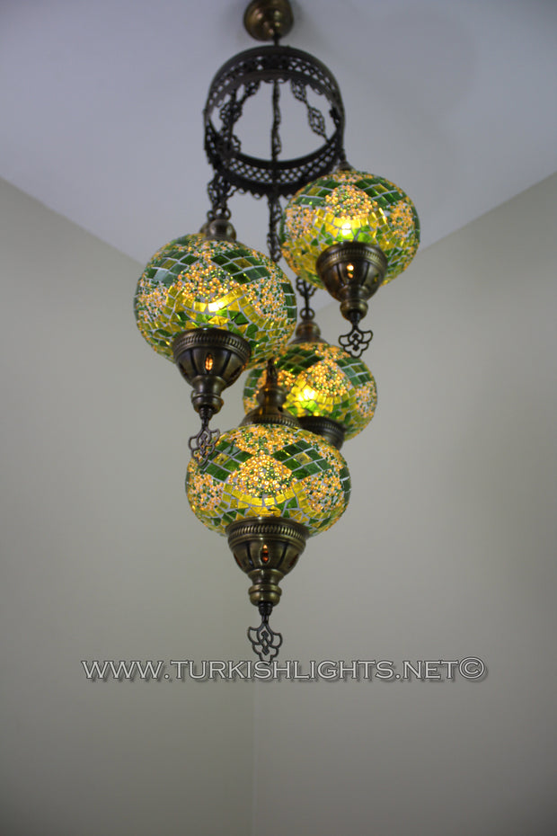 5-BALL SULTAN MOSAIC CHANDELIER (LARGE GLOBES) - TurkishLights.NET