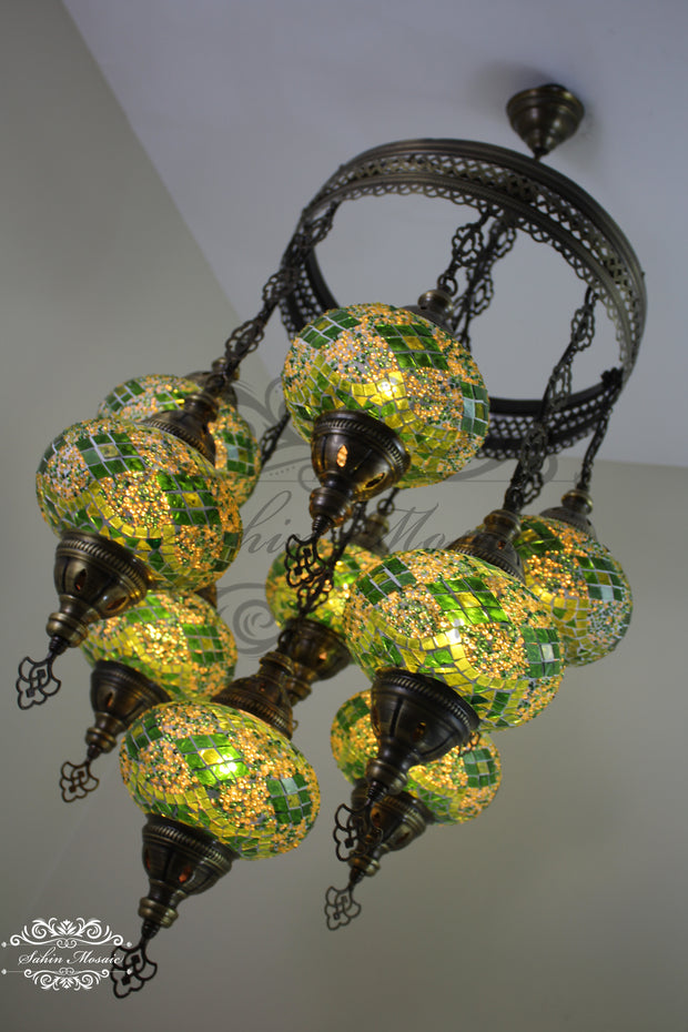 9-BALL TURKISH SULTAN MOSAIC CHANDELIER WITH NO3 (LARGE) GLOBES - TurkishLights.NET