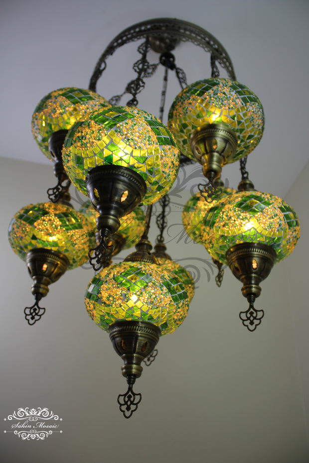 9-BALL TURKISH SULTAN MOSAIC CHANDELIER WITH NO3 (LARGE) GLOBES - TurkishLights.NET