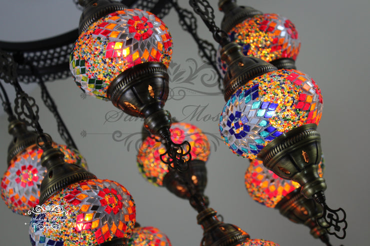 9-BALL TURKISH SULTAN MOSAIC CHANDELIER WITH NO2 (MEDIUM) GLOBES - TurkishLights.NET