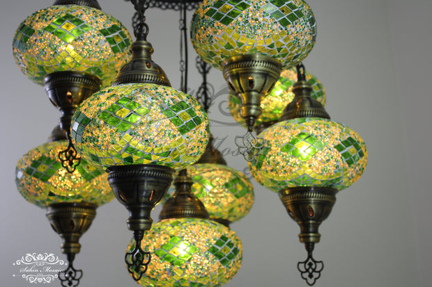 9-BALL TURKISH SULTAN MOSAIC CHANDELIER WITH NO3 (LARGE) GLOBES - TurkishLights.NET