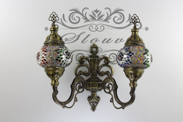 Turkish Mosaic Double Wall Sconce, With Medium Globes, Upward - TurkishLights.NET