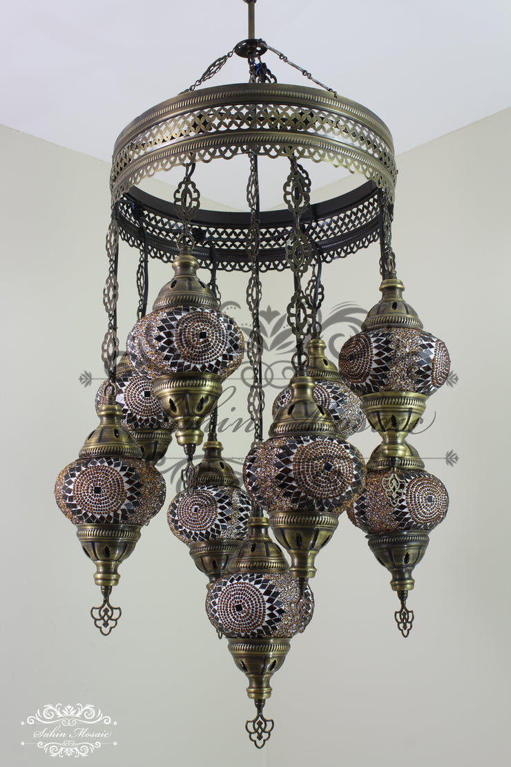 9-BALL TURKISH SULTAN MOSAIC CHANDELIER WITH NO2 (MEDIUM) GLOBES - TurkishLights.NET