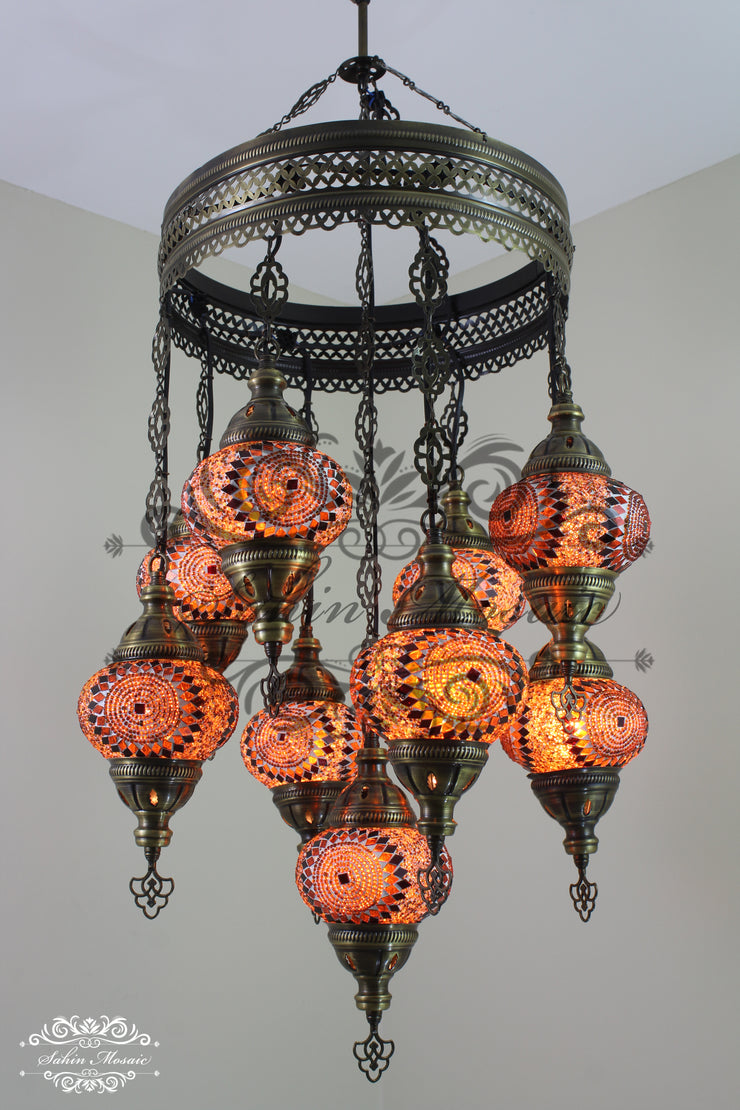 9-BALL TURKISH SULTAN MOSAIC CHANDELIER WITH NO2 (MEDIUM) GLOBES - TurkishLights.NET