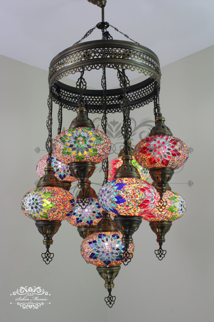 9-BALL TURKISH SULTAN MOSAIC CHANDELIER WITH NO3 (LARGE) GLOBES - TurkishLights.NET