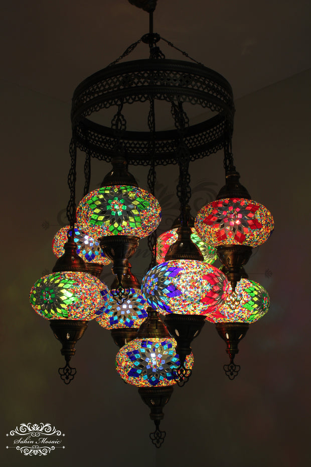 9-BALL TURKISH SULTAN MOSAIC CHANDELIER WITH NO3 (LARGE) GLOBES - TurkishLights.NET