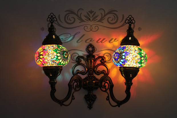 Turkish Mosaic Double Wall Sconce, With Medium Globes, Upward - TurkishLights.NET