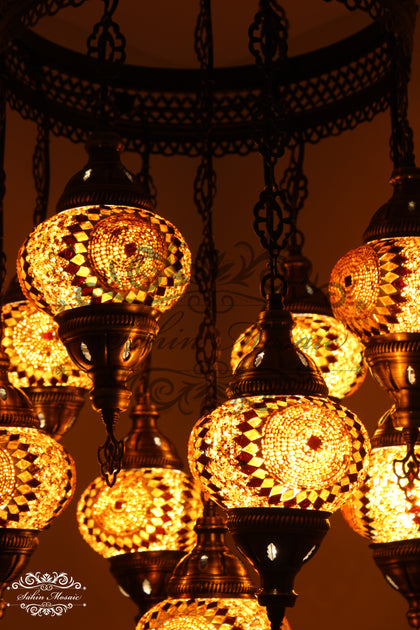 9-Ball Turkish Mosaic Chandelier Medium Globes | Handmade Sultan Lamp ...