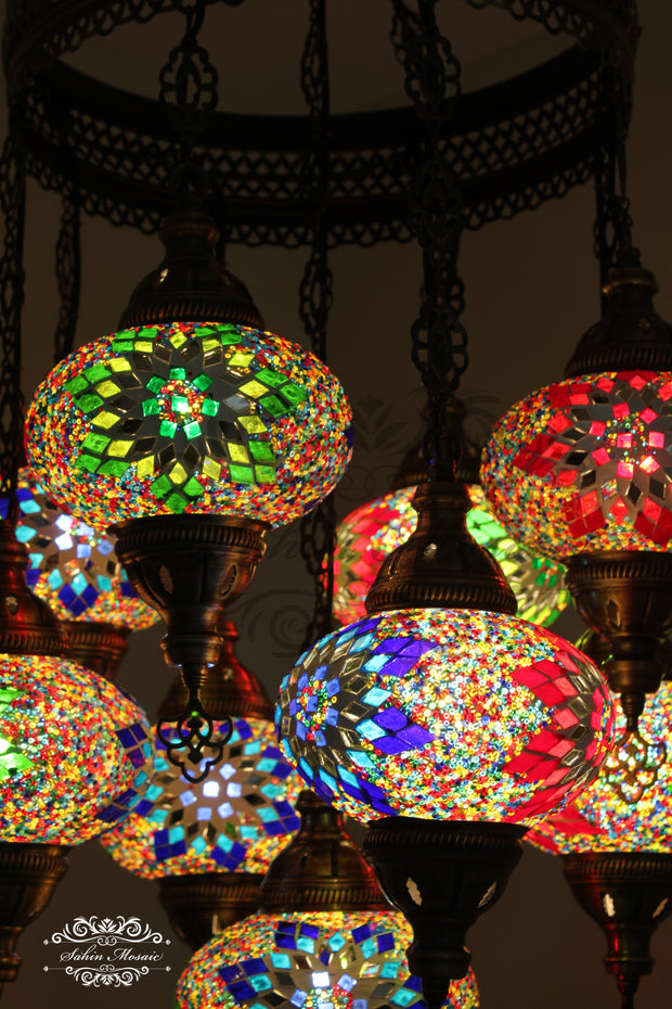 9-BALL TURKISH SULTAN MOSAIC CHANDELIER WITH NO3 (LARGE) GLOBES - TurkishLights.NET